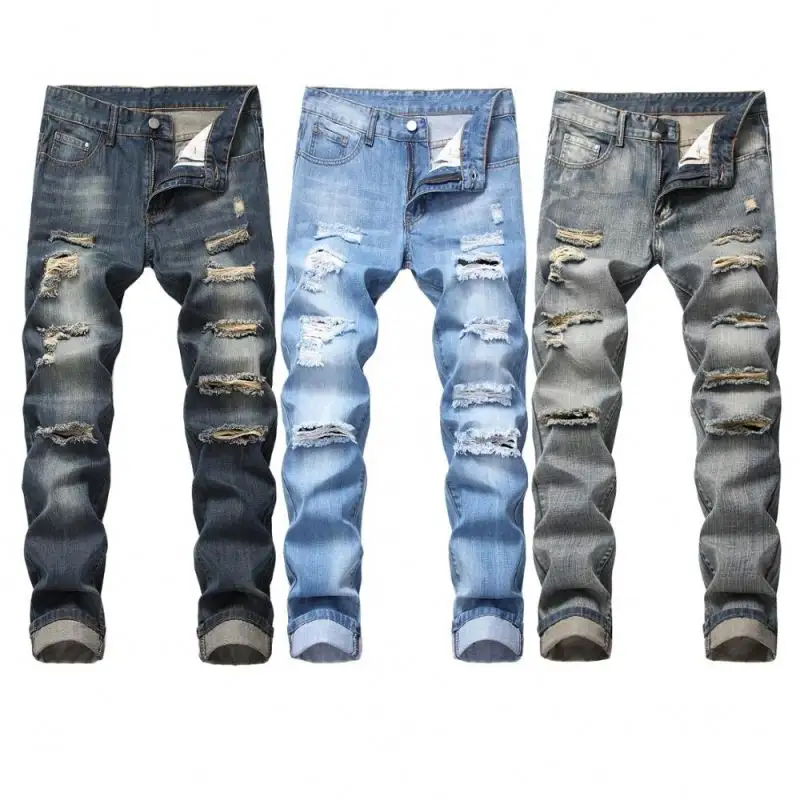 Wholesale Men Long Pants Zipper Pockets Fashion Ragged blue biker jeans trousers man black ripped Destroy Wash jeans