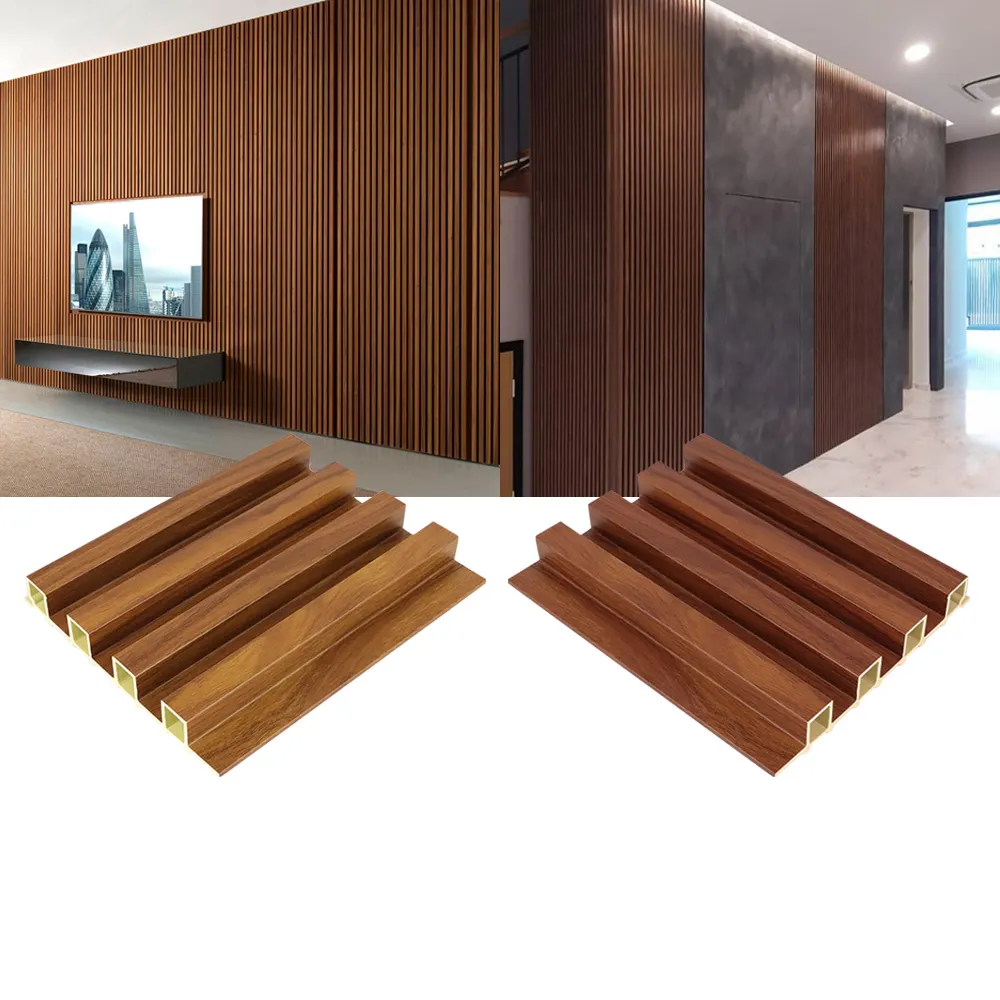 फ़ोशान फ़ैक्टरी डब्ल्यूपीसी स्लैट टेक्सचर्ड शानदार वॉलबोर्ड त्वरित इंस्टाल आंतरिक लकड़ी की दीवार पैनल इनडोर फ़्लूटेड मिश्रित दीवार क्लैडिंग