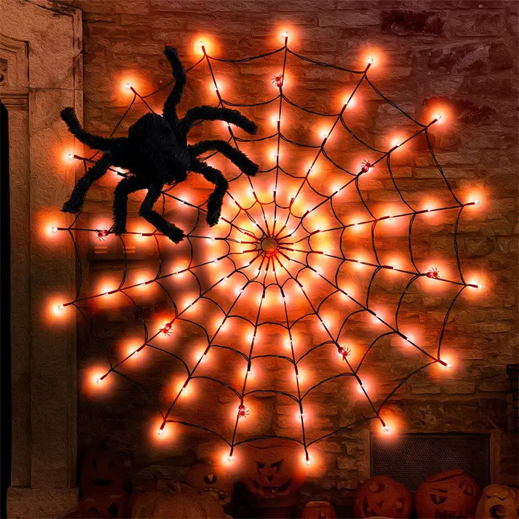 Decorazione natalizia di strada oggetti di scena di Halloween ambiente spaventoso camera disposizione 8 modalità Usb Spider Web lampada a rete