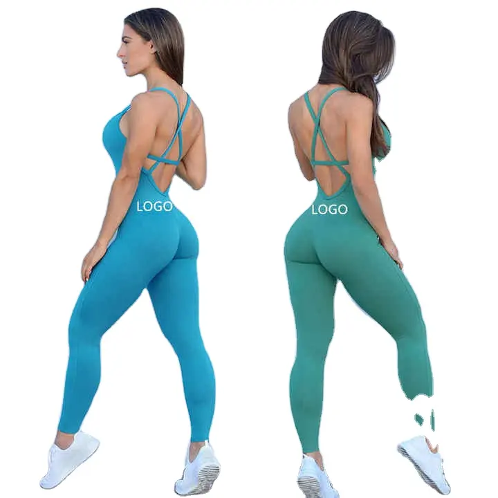 Jumpsuit satu potong tali warna polos, Jumpsuit Yoga Push Up kompresi Gym olahraga Yoga wanita