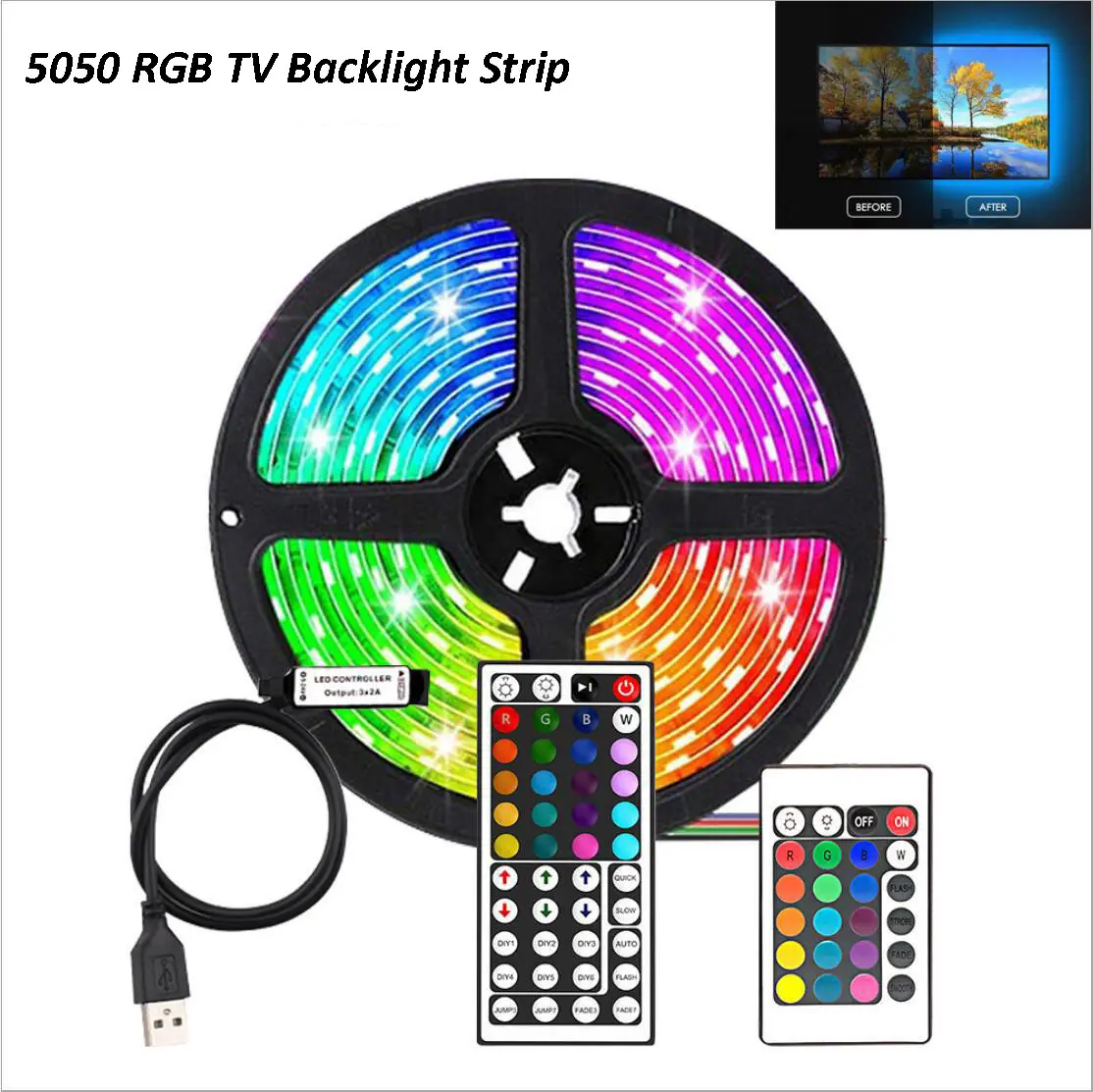 Strip Lampu LED USB 5V 5050 RGB, Pita Pencahayaan Latar Belakang TV Konektor USB RGB Strip Lampu LED dengan Kontrol Mini