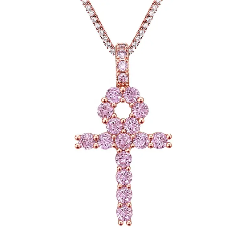 Accesorios de mujer ankh colgante bling rosa de piedras preciosas Rosa chapado en oro rosa Cruz collar