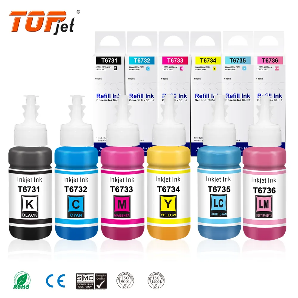 Topjet 673 tepson T6731 Premium uyumlu toplu şişe dolum kitleri Epson Epson L805 L1800 için Tinta boya mürekkepleri mürekkep püskürtmeli yazıcılar