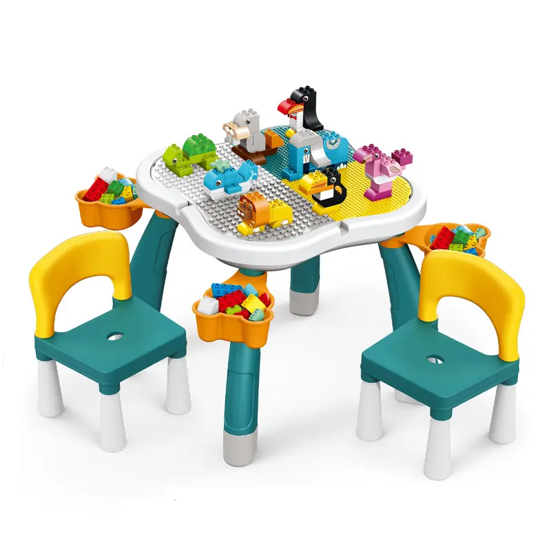 ชุดโต๊ะบล็อคก่อสร้างสำหรับเด็ก, เก้าอี้โต๊ะสำหรับเด็กพร้อมที่จัดเก็บของเล่นก่อสร้างสำหรับเด็กก่อนวัยเรียน