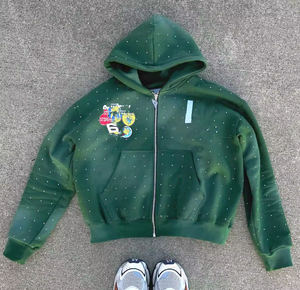 Yeni 500gsm özel Streetwear fransız Terry Rhinestone güneş soluk asit yıkama sıkıntılı yama nakış kırpılmış fermuarlı kapüşonlu eşofman üstü erkekler - Product Image 3