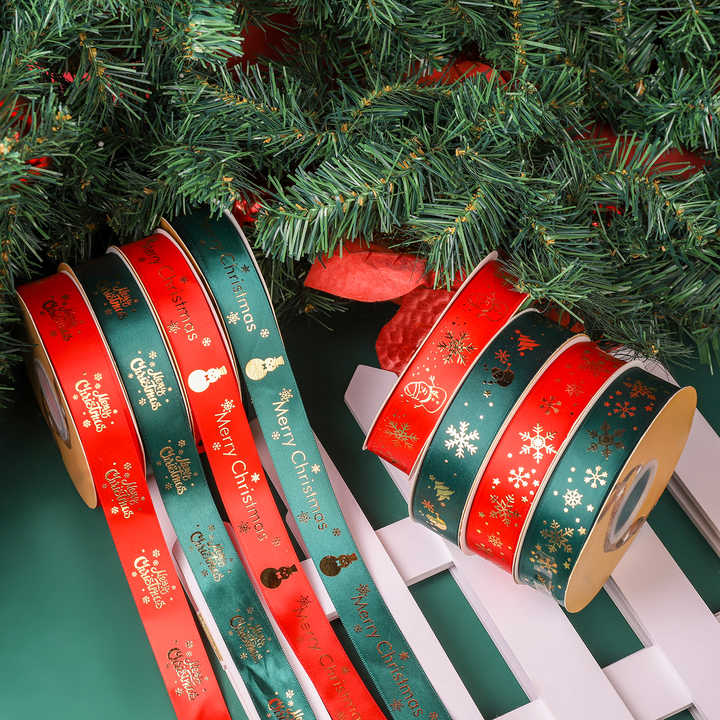 Wholesale of Spot Christmas Flowers/cakes/Christmas Tree Decorations with Polyester Strap Hot Stamping Green Ribbon