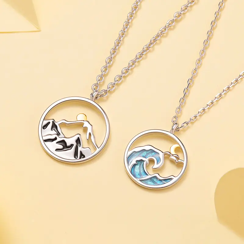 Collana coppia in rame uomo donna moda smalto montagna e mare sole luna collana regalo per fidanzata e fidanzato