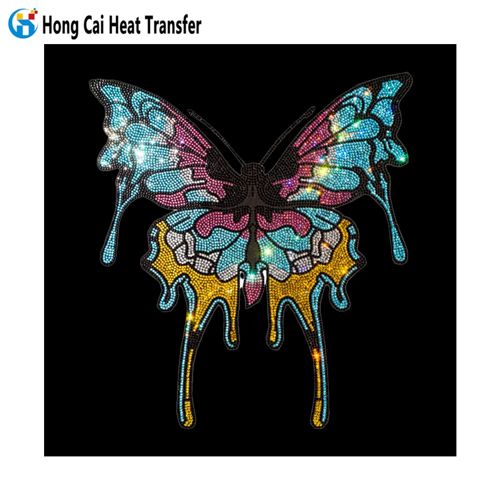 Hongcai flügel blume tier design individuelle hohe qualität strass wärmeübertragung für hoodie strass druck Übertragung