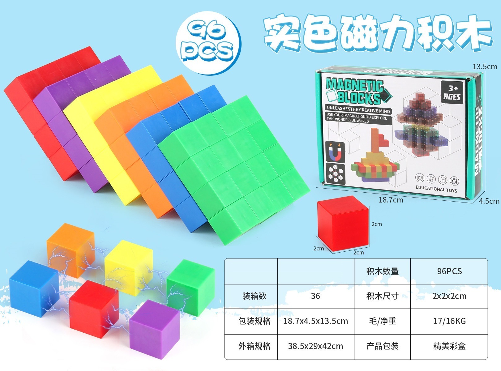 ELI0101430 - Blocchi Magnetici 2,0CM - Blocchi a Colore Unito 96 Pezzi