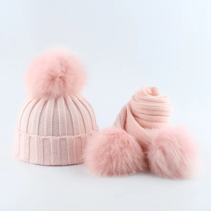 Unisexe enfants tricoté écharpe et chapeaux ensemble Skullies automne hiver bébé chaud au Crochet écharpes avec véritable Double fourrure pom Beanie chapeau