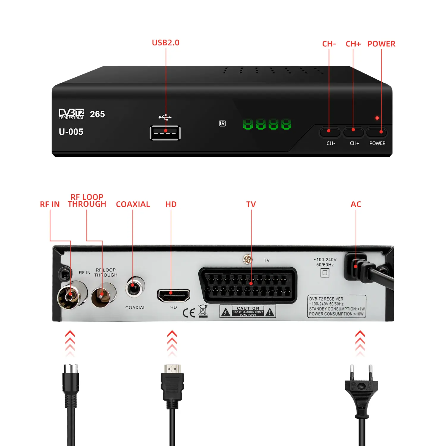 Decodificador más barato h265 10bit DVBT2 receptor de antena de TV Impresión de logotipo señal digital DVB T2 SCART HD 1080p decodificador TDT T2 HD