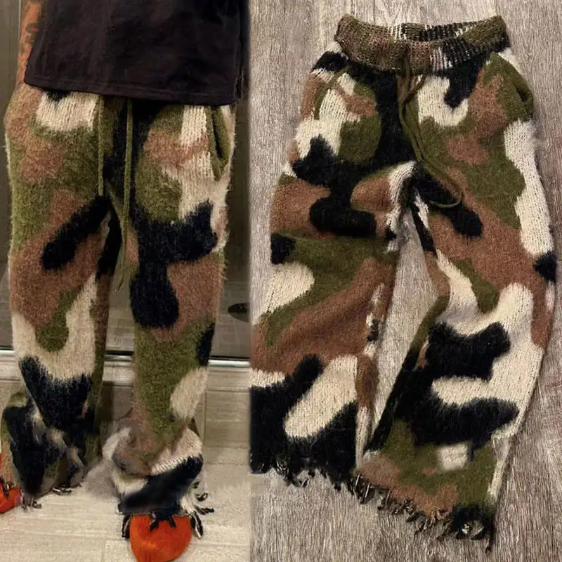 Personalizado Mohair Moletom De Lã Camo Imprimir Oversized Drawstring Streetwear Fofo Gráfico Trilha De Malha Suor Flare Pant Mohair dos homens