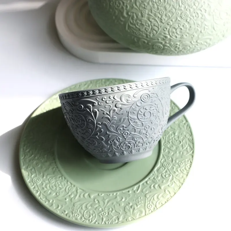 Gran oferta tendencia té taza y platillo de cerámica de porcelana Espana café tazas de té y platillos