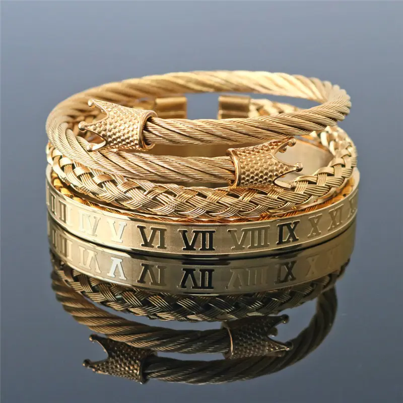 Set di braccialetti per polsini con numeri romani in acciaio inossidabile bracciale intrecciato regolabile corona roma placcato in oro gioielli da uomo in acciaio al titanio