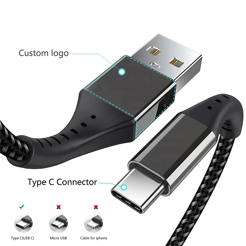 Câble USB de Type C personnalisé 6 pieds/câbles USB de Type C personnalisés et accessoires couramment utilisés charge rapide pour téléphone portable Huawei