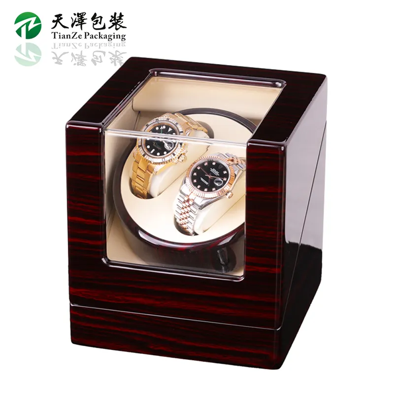 Scatola per orologi automatica solida con avvolgitore per orologi in legno lucido di lusso personalizzato con finestra trasparente per 2 orologi