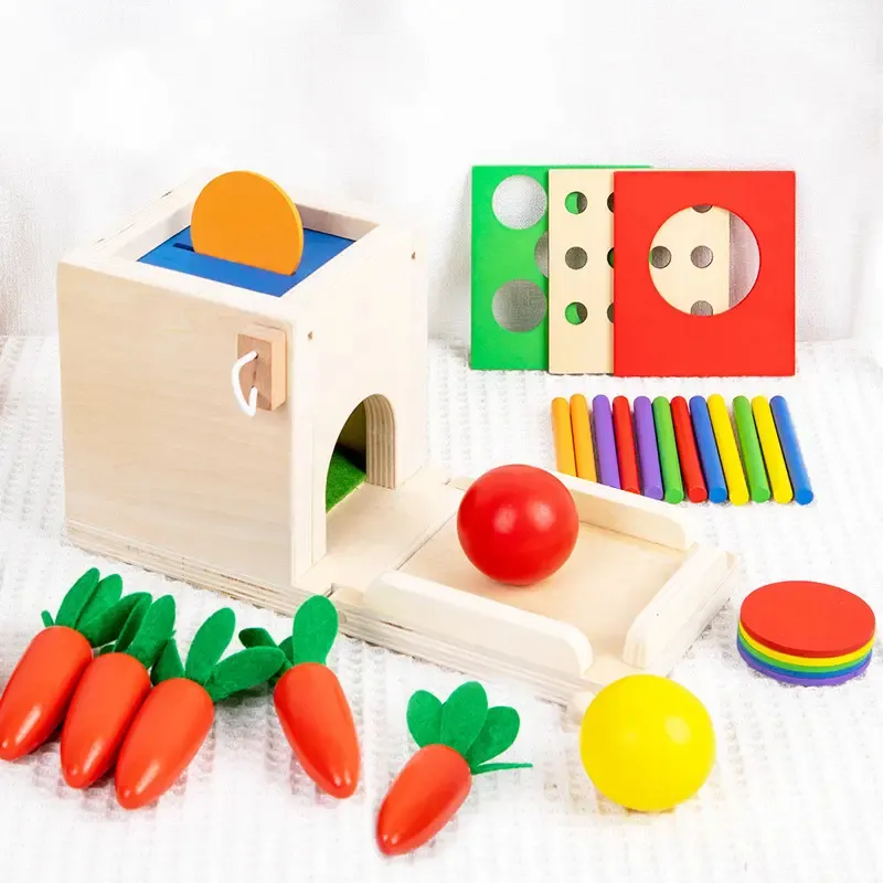 मोंटेसरी चार-इन-एक सिक्का बॉक्स बच्चों की बहु-कार्यात्मक छड़ी खींचने वाली मूली बिल्डिंग ब्लॉक लकड़ी के खजाने बॉक्स खिलौने