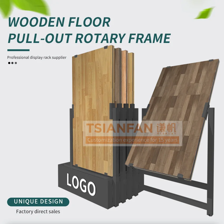 Customized Engineered Type Special Wood Flooring Metal Hardwood Display Rack With Spin Panels Oak Wooden Floors Display Stand