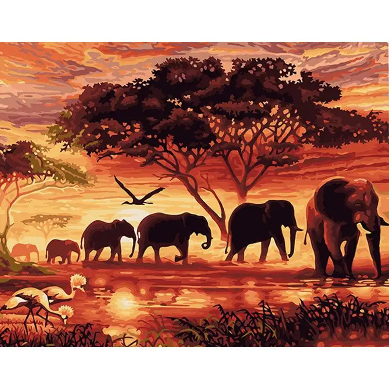 Pintura abstracta de paisaje de elefantes por números, lienzo de arte moderno para pared, regalo único para Dron, DZ99019