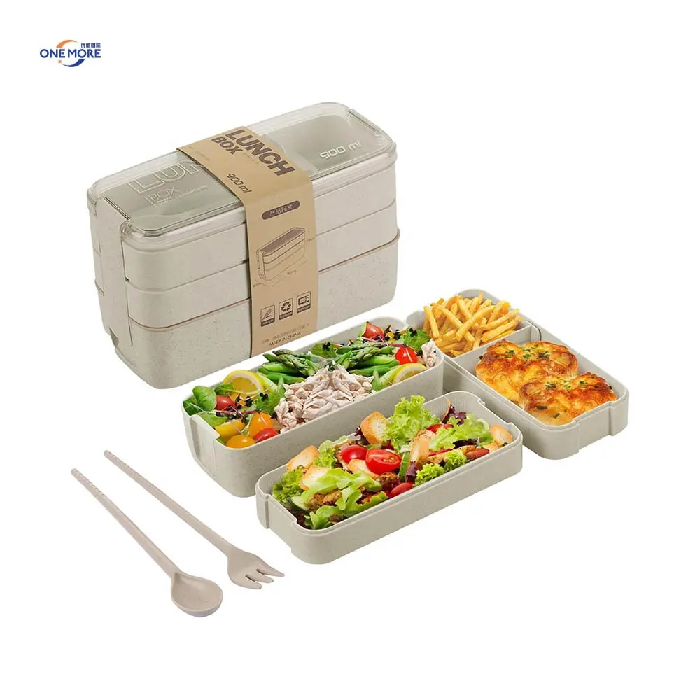 Bento Lunch Box 3 Pack Empilhável Trigo Straw Lunch Box Set Recipiente Refeição Prep para Adulto