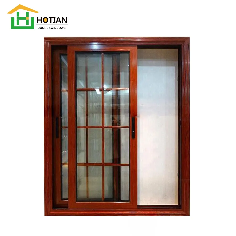 Ventana de aluminio Simple con diseño de parrilla, ventanas deslizantes de doble acristalamiento con madera de teca, novedad