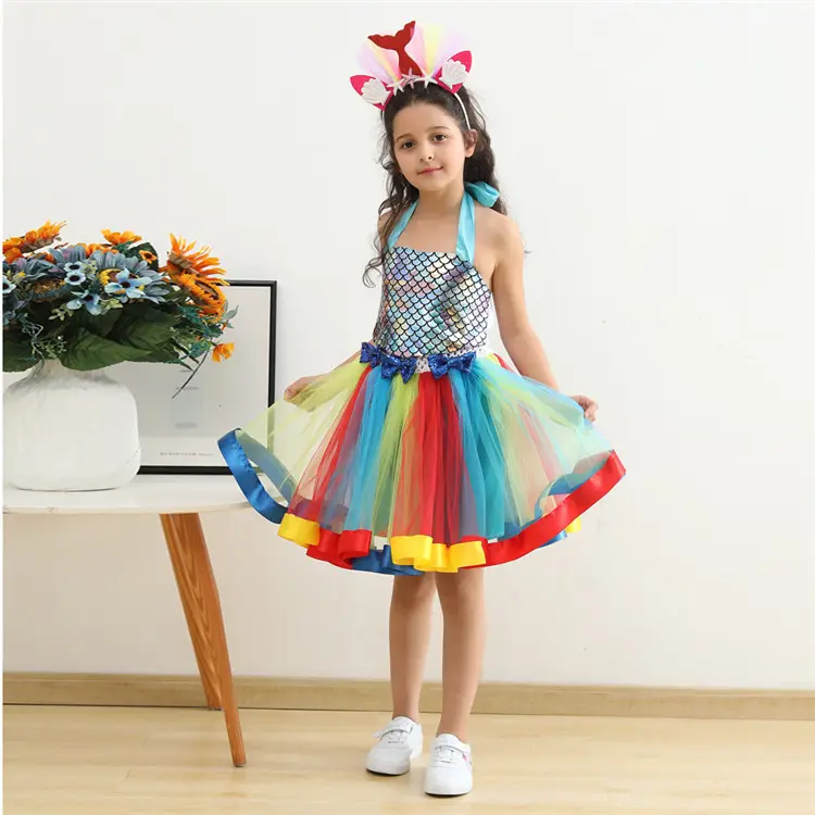 Carnevale Cosplay sirena Costume da principessa 2-12 anni bambini arcobaleno pesce modello sirena TUTU abito