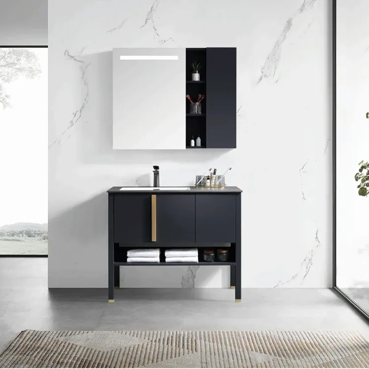Mobile da bagno moderno in legno massello all'ingrosso con mobiletto a specchio a LED intelligente da pavimento