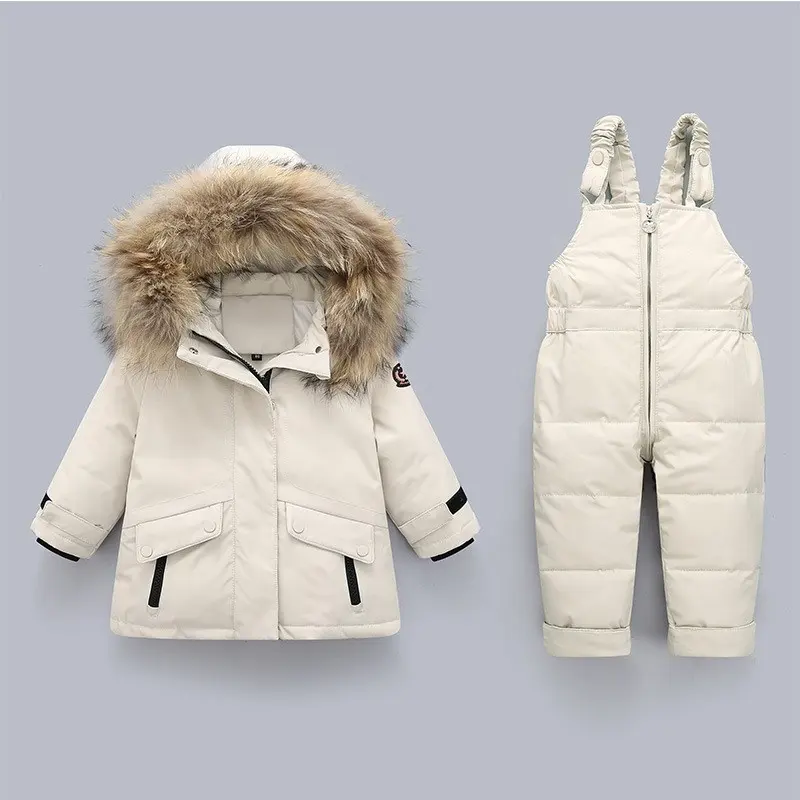 Toptan rüzgar geçirmez erkek bebek Snowsuit kış giysileri yürümeye başlayan kar pantolon ve ceket çocuklar kızlar aşağı Hoodie bebek giysileri Set mont