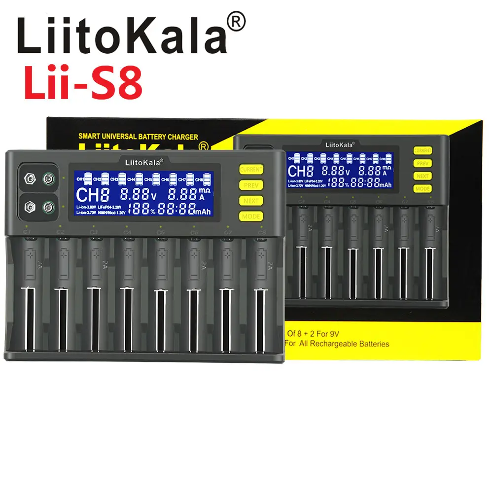 LiitoKala — chargeur de batterie Li-ion Lii-S8, pour accumulateur Li-ion 3.7V, NiMH 1.2V Li-FePO4 V 3.2V IMR 3.8V, pour 18650 26650 21700 26700 AA AAA