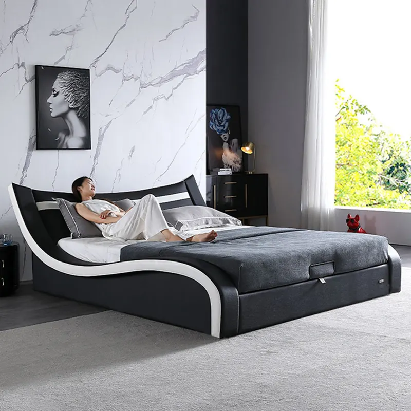Moderne Luxuriöse Queen & King Size Echtem Leder Bett Mit Großen Speicher Funktionen Betten Möbel