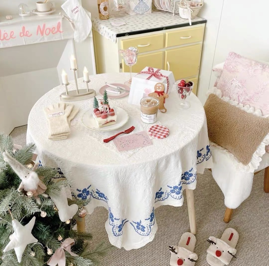2022 Embroidered Tablecloth Korean Rectangle White Hand-crocheted Ribbon Embroidered Tablecloth Korean Vintage Coffee