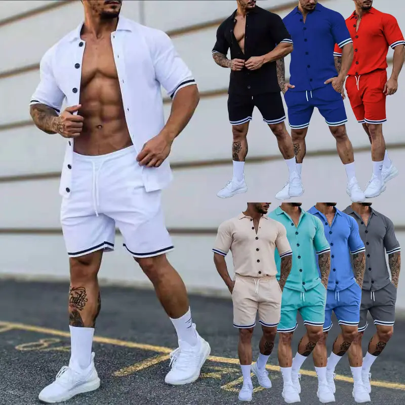 गर्मियों Mens ट्रैक सूट सेट कस्टम लोगो ठोस रंग Mens बटन लघु बांह की शर्ट शॉर्ट्स सेट दो टुकड़ा पुरुषों लघु सेट