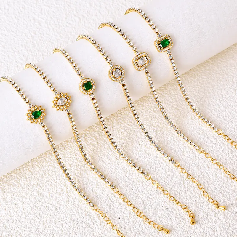 18K placcato oro quadrato rubino ultimo design trendy bracciale donna moda cristallo verde fiore catena colore