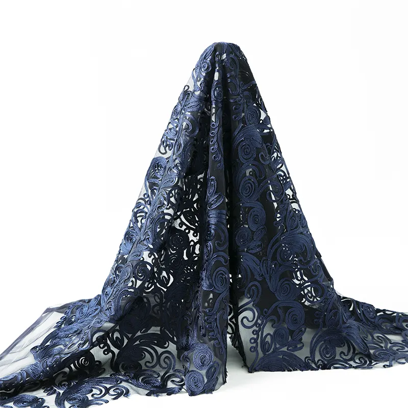 Tela de encaje de tul francés azul marino para mujer, tejido bordado de alta gama para vestido