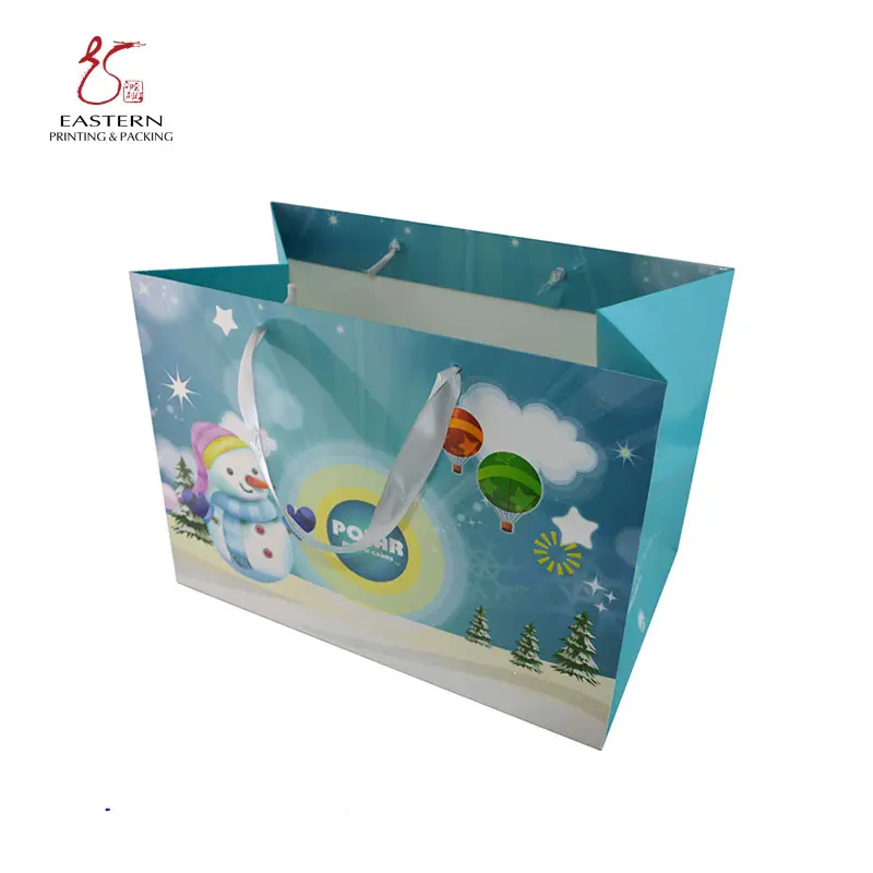 Custom Logo printed glossy paper bag With Ribbon Handle Shopping Paper Bag for Christmas Festival Gift wedding birthday