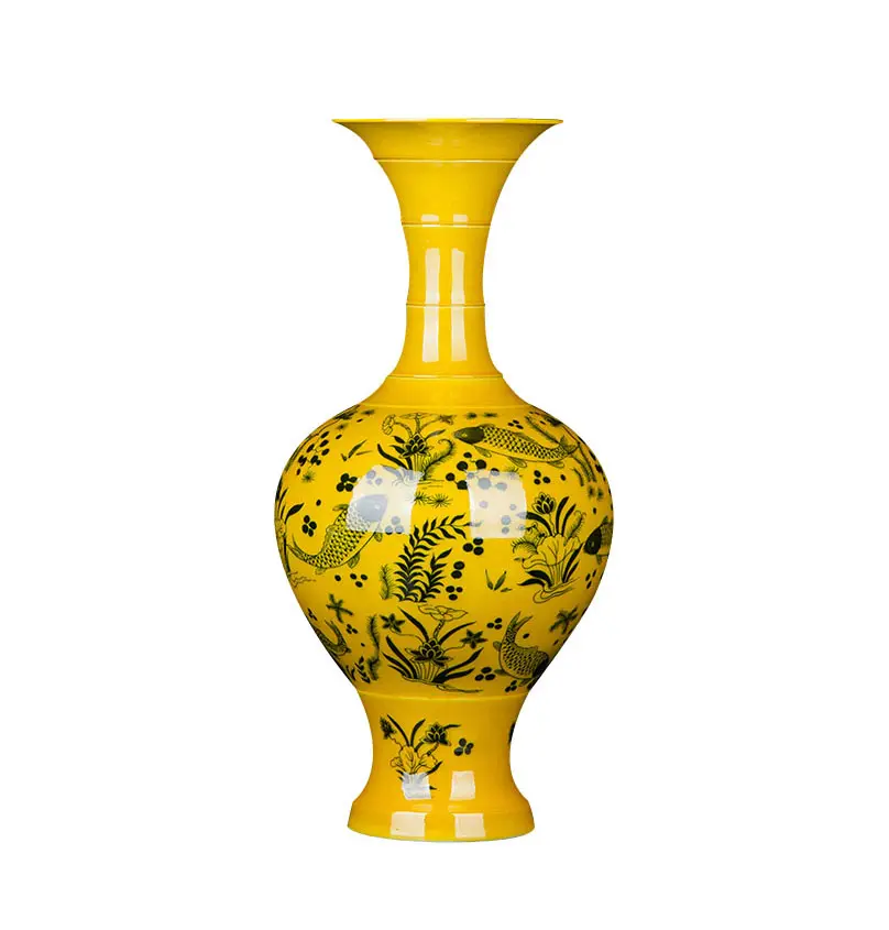 Jingdezhen Salon Décoration Moderne Jaune Poisson Motif Céramique Maison Marchandises Vases décors pour la maison vases en céramique