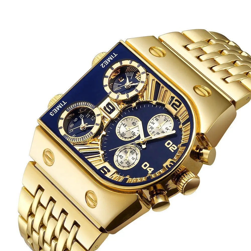 นาฬิกาควอตซ์หน้าปัดขนาดใหญ่แบบลำลองสายเหล็กสีทอง,นาฬิกาข้อมือมัลติโซนเวลาส่องสว่างสำหรับผู้ชาย