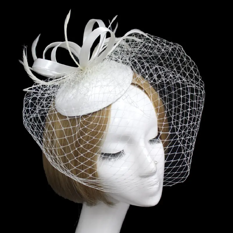 Chapéu de gaze heendereço, elegante, chapéu de noiva, sinamay, feito à mão, branco, chapéus de igreja, para mulheres