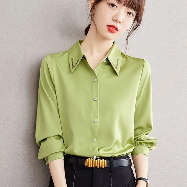 2023 Custom Loose Shirt Mulheres Sexy Algodão Casa Sólida Manga Longa Seda Monki Camisa Verde Blusa Tops Outwear Mulheres Blusas Camisa