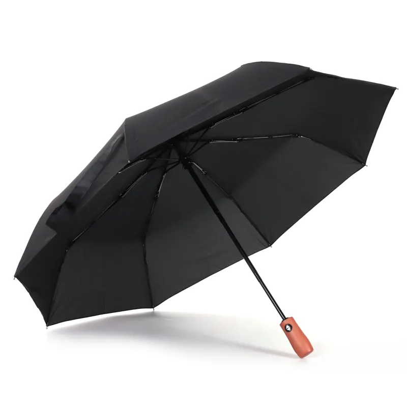 Completamente automatico di alta qualità avanzato manico in legno regalo di importazione di affari tessuto a prova di sole e pioggia tre ombrello nero pieghevole