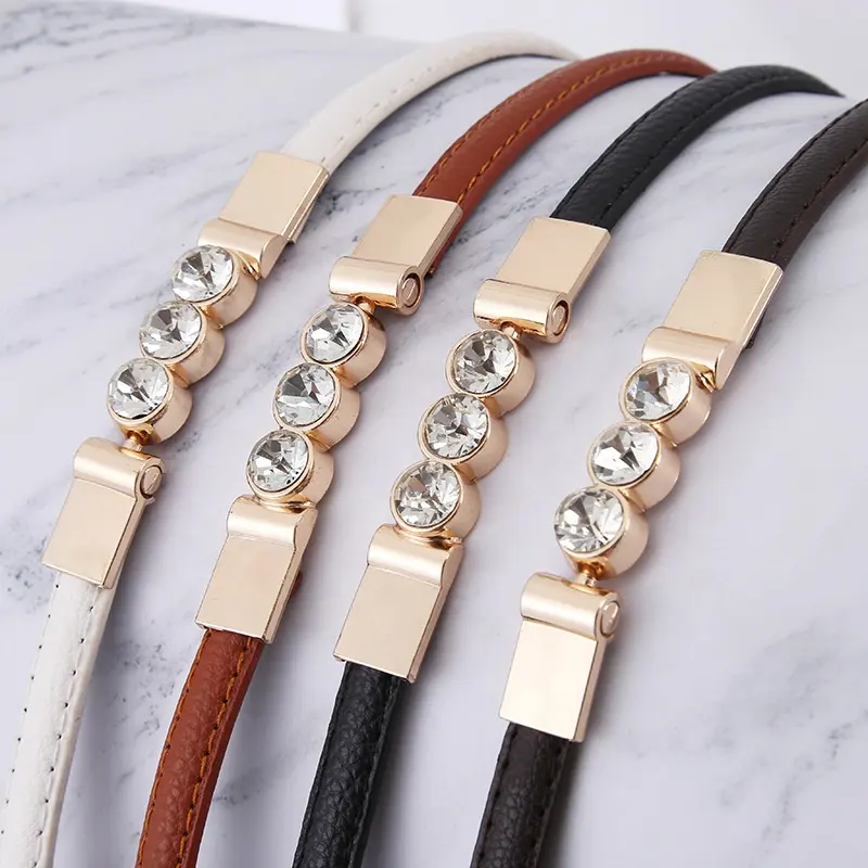 Cintura da donna in lega di diamanti fibbia in pelle PU cintura sottile e sottile cintura regolabile per il vestito