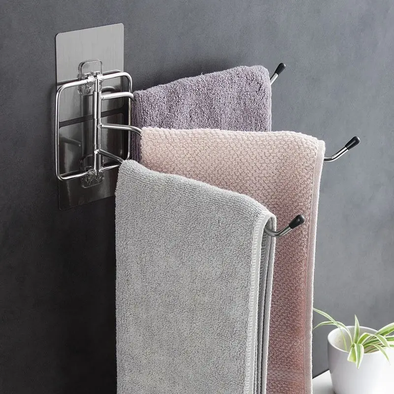 Porte-serviettes mural à multi-tiges en acier inoxydable, étagère de rangement pour serviettes avec perforation libre, rotatif, pour la salle de bain
