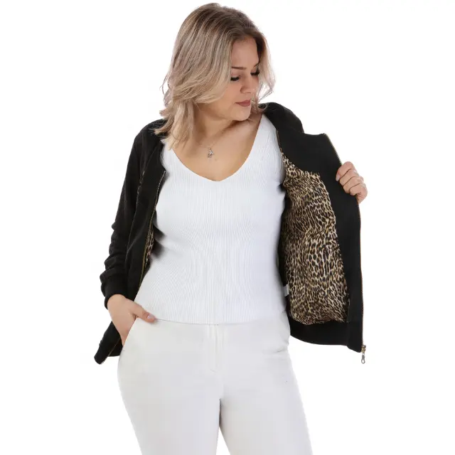Nova Coleção Plus Size Mulheres Casaco Com Zíper Bolsos Leopardo Forro Projeto Especial Senhoras Jaqueta Preta de Alta Qualidade