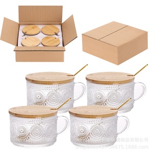 積み重ね可能なクリアエンボスガラスコーヒーカップ4個セットVintage14オンスコーヒーマグ - Product Image 1