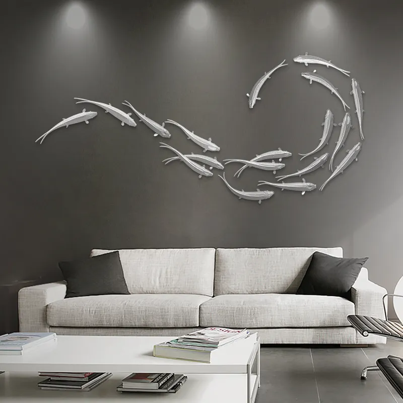 Relife Designer 3d Handmade 9 Fishes Wall Sticker Silver Lucky Koi Fishes Diy Wall Resin Art Decor