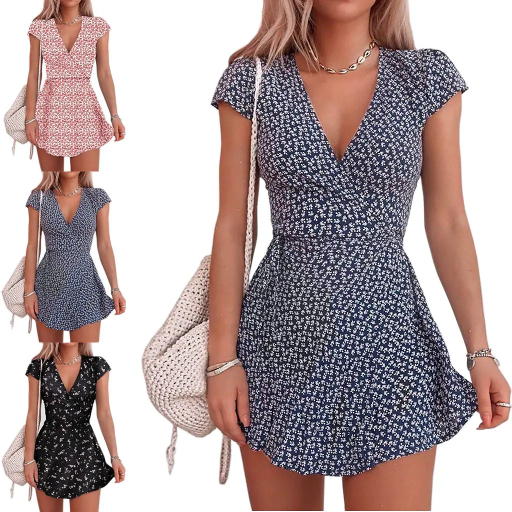 Falda Floral para mujer, nueva minifalda, Vestido de manga corta listo para enviar, minivestidos informales de verano, estampado Floral Natural para adultos, 10 Uds.