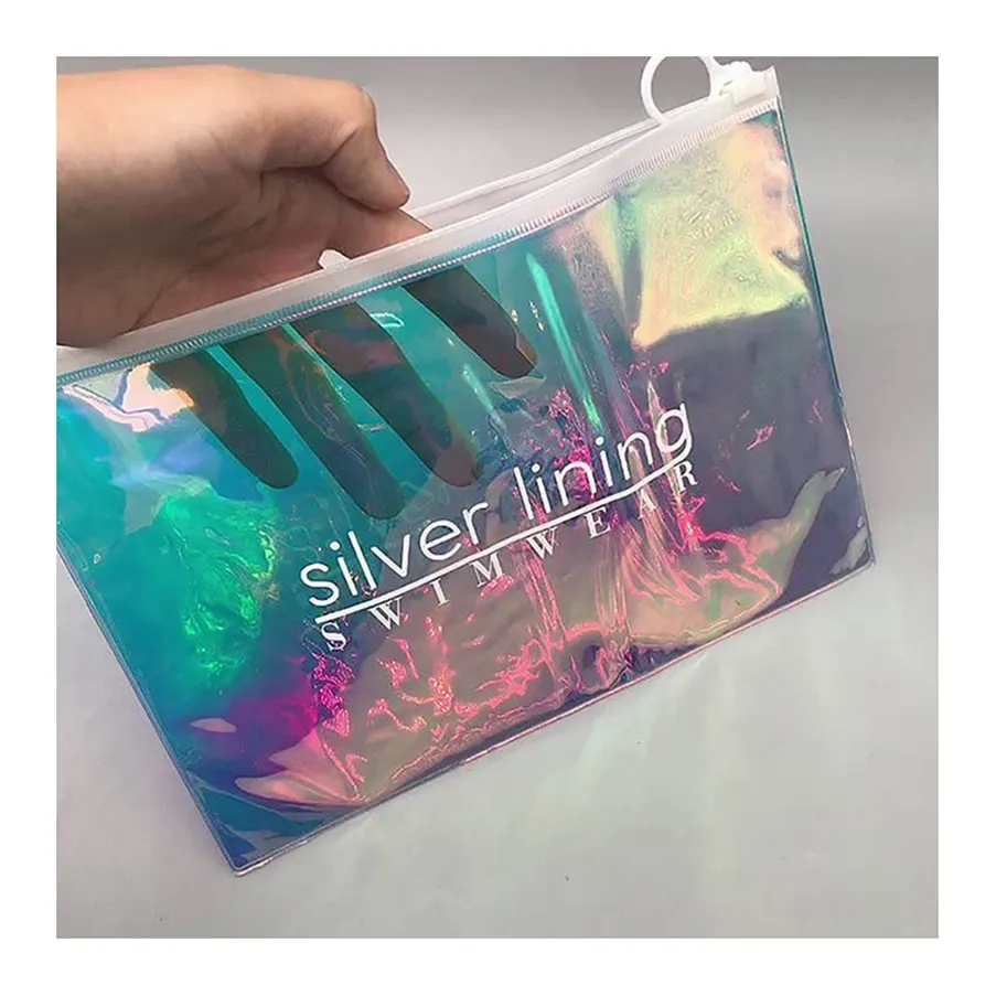 Bolsa Ziplock de PVC de plástico láser holográfico de lujo para ropa cosmética bolsa de maquillaje con cremallera de Metal