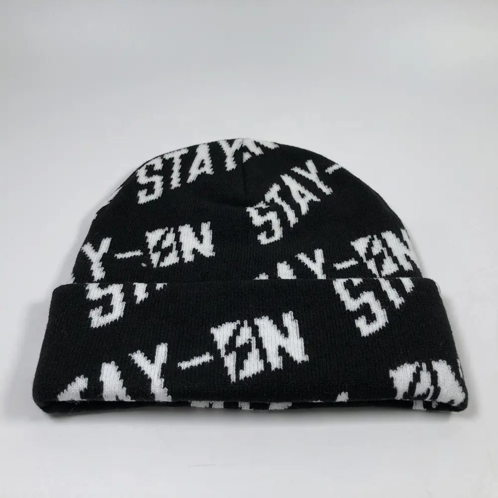 OEM high quality acrylic unisex black colorful warm winter hats custom all over print jacquard design knitted acrylic beanie