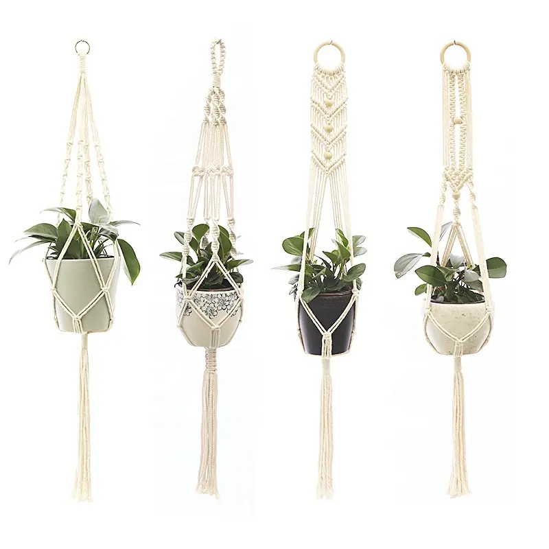 Maceta colgante para interiores de macramé, cesta con cuentas de madera, soporte para maceta con estilo de jardín decorativo para plantas de interior