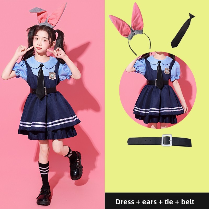 Dark blue dress + belt + tie + rabbit ear headband